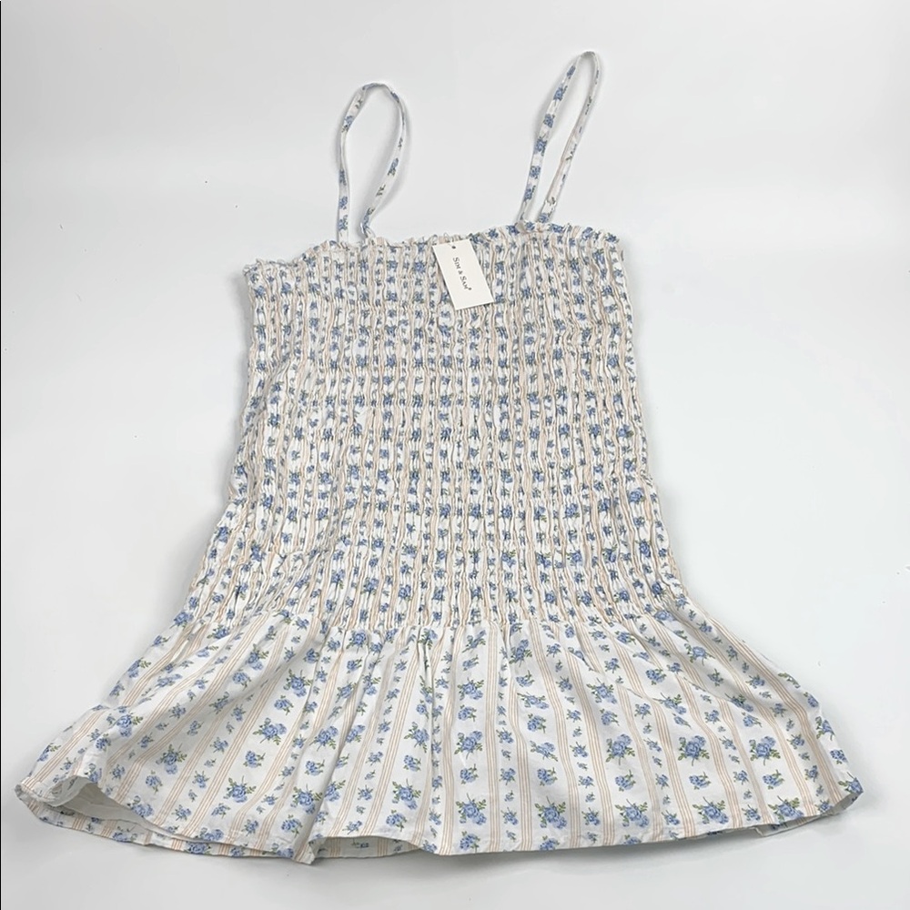 Sim & Sam Blue Ivory Creme Stretch Ruched Floral tank top Ruffled Dress XL NWT